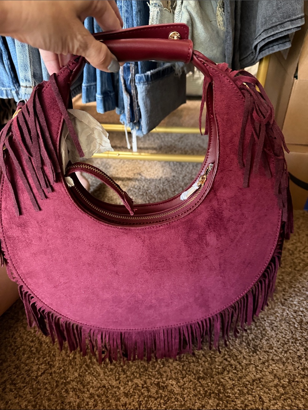 Trendy boutique Burgundy Suede Fringe Hobo